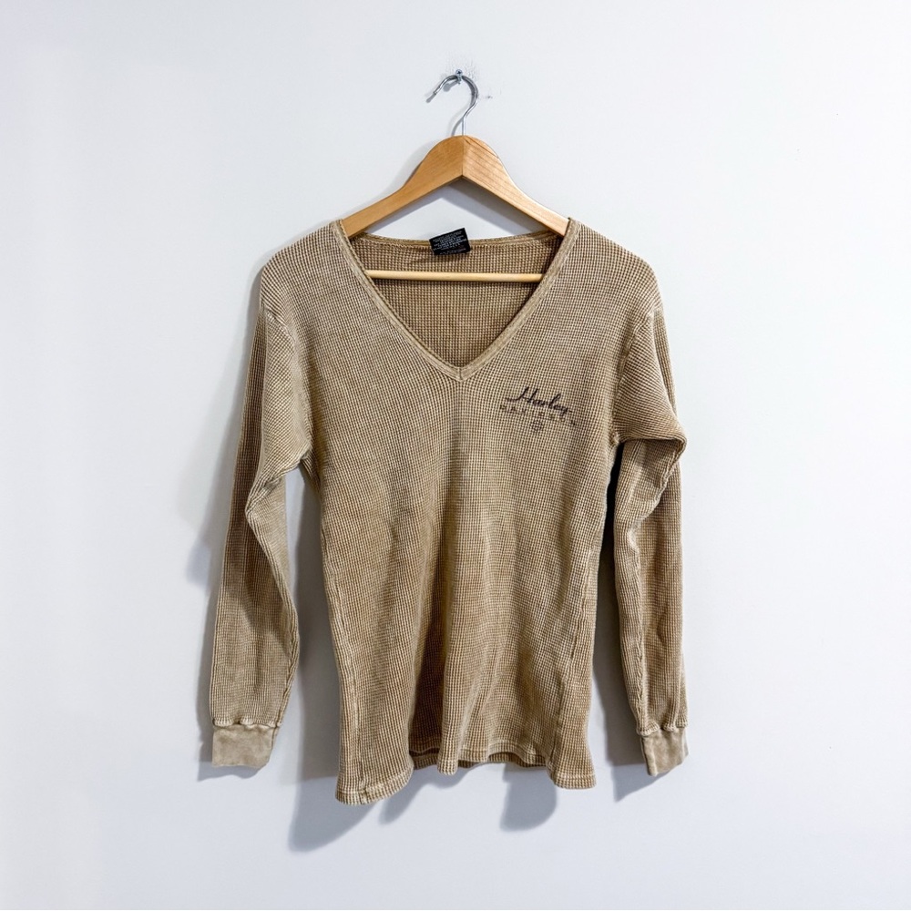 Vintage Tan Harley Davidson Milwaukee V-Neck Long Sleeve Thermal Top T-Shirt